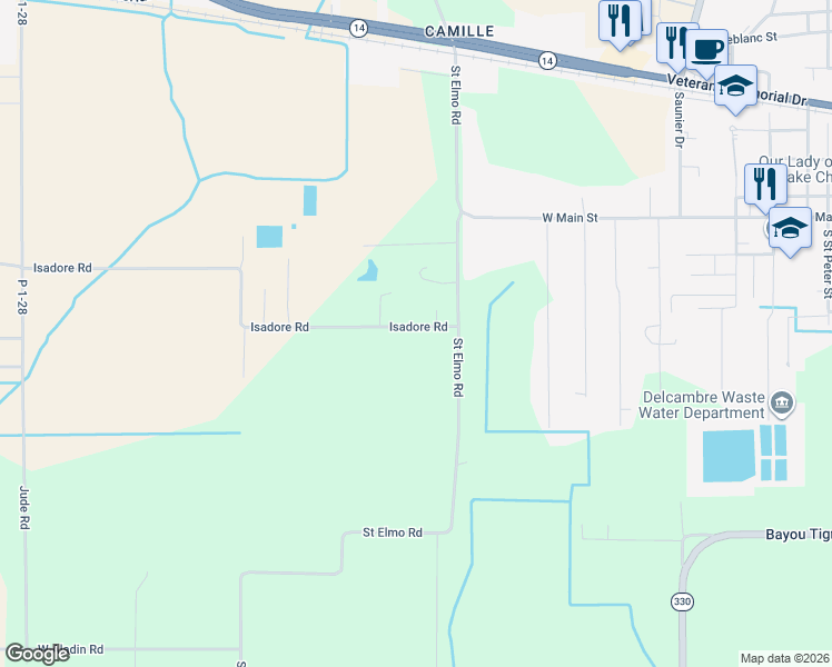 map of restaurants, bars, coffee shops, grocery stores, and more near 2106 Isadore Road in Erath