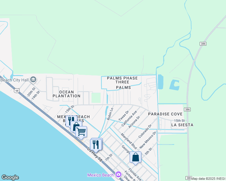 map of restaurants, bars, coffee shops, grocery stores, and more near Sun and Sand Rd in Mexico Beach