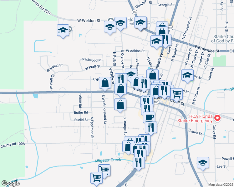 map of restaurants, bars, coffee shops, grocery stores, and more near 656 West Madison Street in Starke