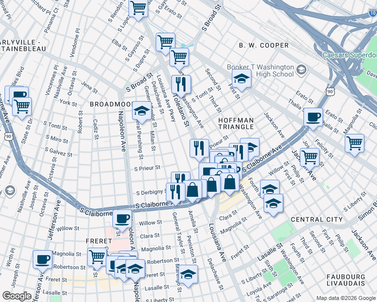 map of restaurants, bars, coffee shops, grocery stores, and more near 3326 Louisiana Avenue Parkway in New Orleans
