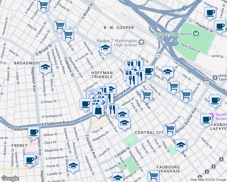 map of restaurants, bars, coffee shops, grocery stores, and more near 3032 Second Street in New Orleans
