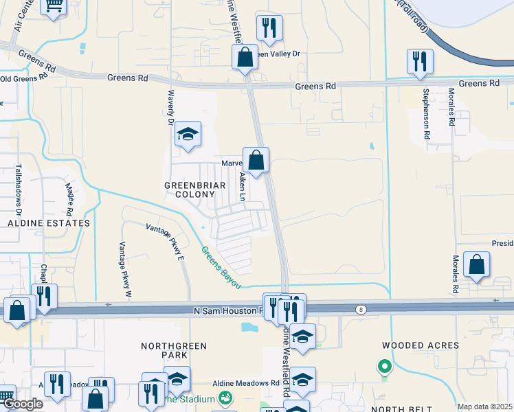 map of restaurants, bars, coffee shops, grocery stores, and more near 2213 Greenbriar Colony Drive in Houston