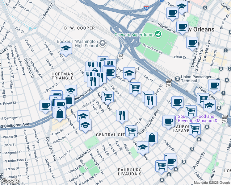 map of restaurants, bars, coffee shops, grocery stores, and more near 2626 Felicity Street in New Orleans