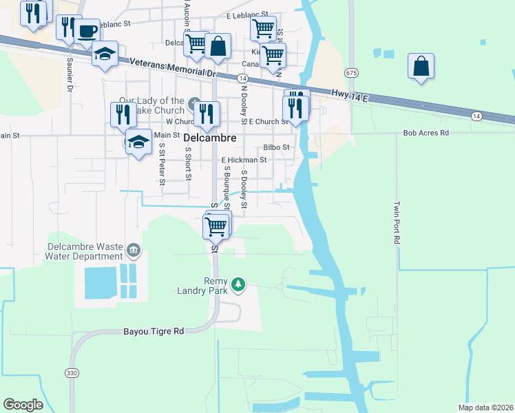 map of restaurants, bars, coffee shops, grocery stores, and more near 422 Laurence Street in Delcambre