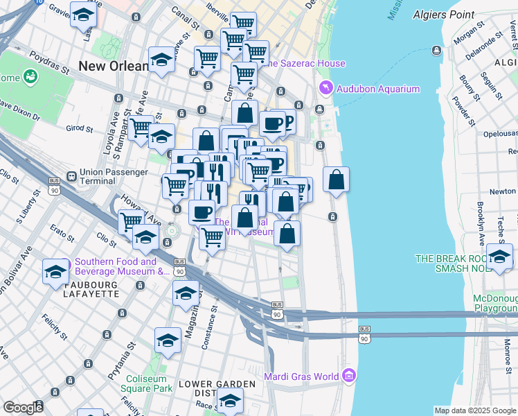 map of restaurants, bars, coffee shops, grocery stores, and more near 800 Tchoupitoulas Street in New Orleans