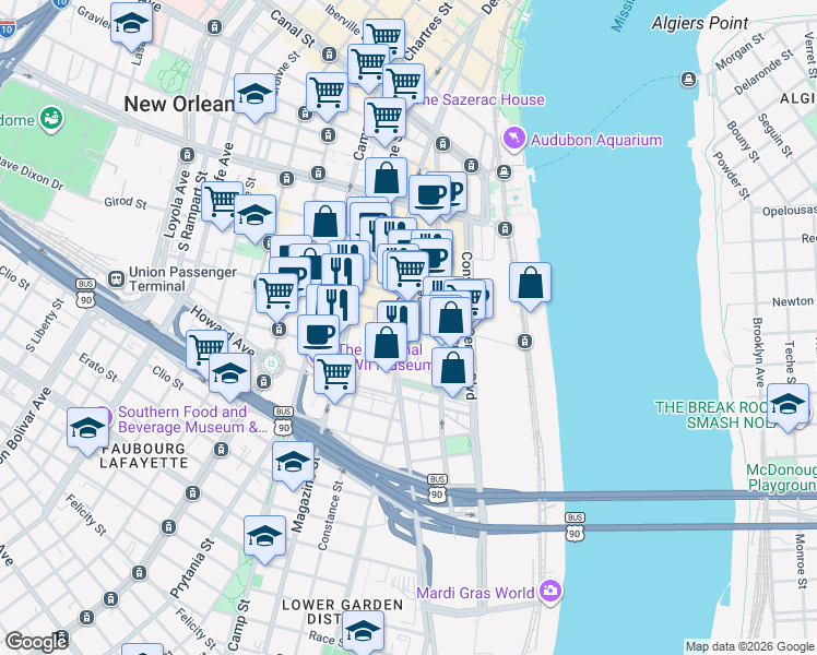 map of restaurants, bars, coffee shops, grocery stores, and more near 800 Tchoupitoulas Street in New Orleans