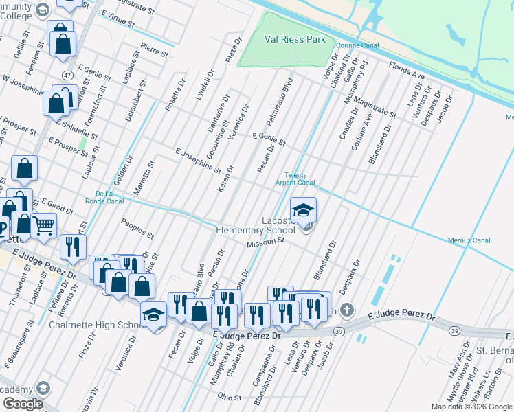 map of restaurants, bars, coffee shops, grocery stores, and more near 3301 Riverland Drive in Chalmette