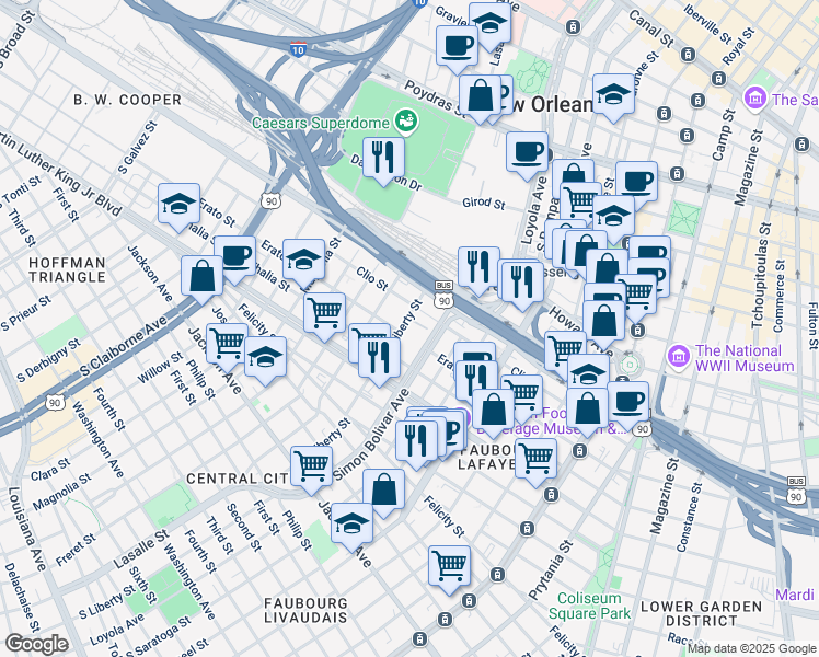 map of restaurants, bars, coffee shops, grocery stores, and more near 1228 South Liberty Street in New Orleans
