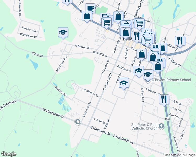 map of restaurants, bars, coffee shops, grocery stores, and more near 614 South Masonic Street in Bellville