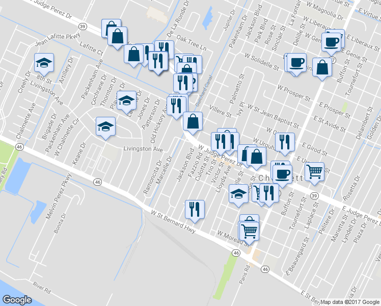 map of restaurants, bars, coffee shops, grocery stores, and more near 2520 Jackson Boulevard in Chalmette