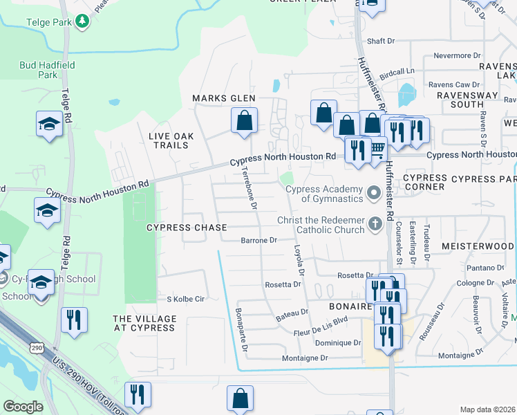 map of restaurants, bars, coffee shops, grocery stores, and more near 14130 Galvani Drive in Cypress