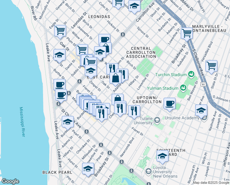 map of restaurants, bars, coffee shops, grocery stores, and more near in New Orleans