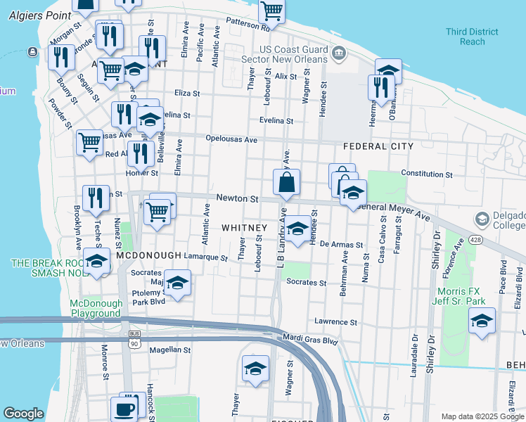 map of restaurants, bars, coffee shops, grocery stores, and more near 1034 Leboeuf Street in New Orleans