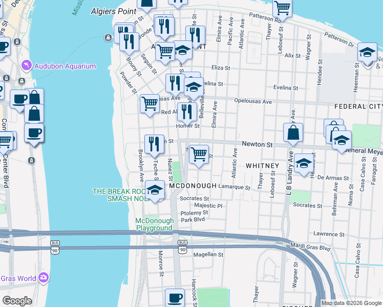map of restaurants, bars, coffee shops, grocery stores, and more near 1040 Vallette Street in New Orleans