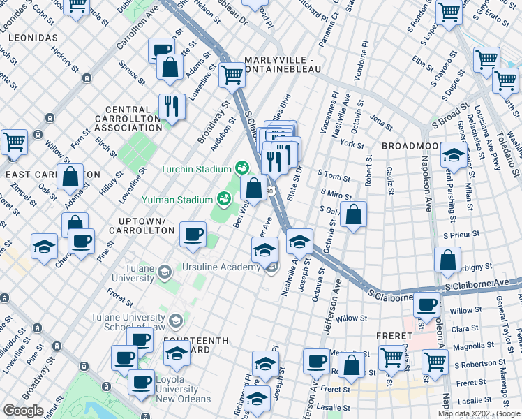 map of restaurants, bars, coffee shops, grocery stores, and more near 2926 Palmer Avenue in New Orleans