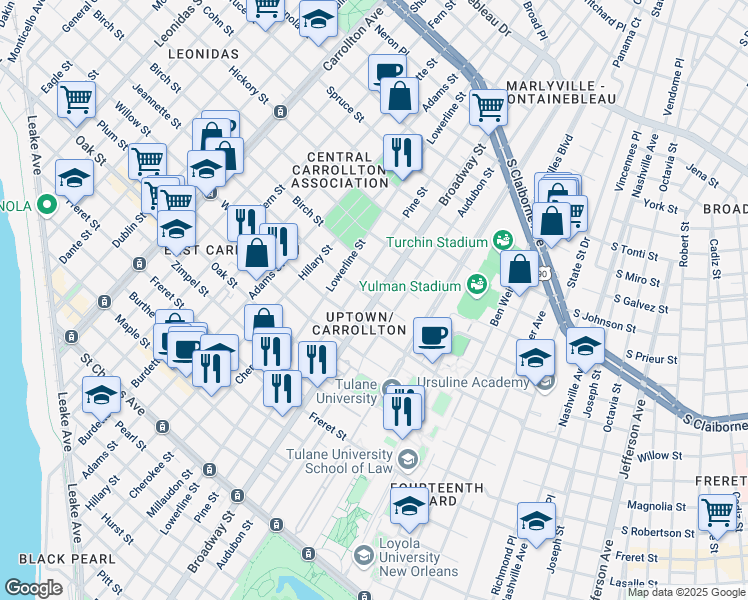 map of restaurants, bars, coffee shops, grocery stores, and more near 1432 Broadway Street in New Orleans