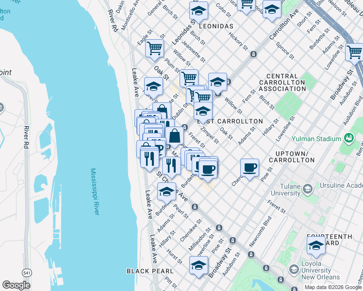 map of restaurants, bars, coffee shops, grocery stores, and more near 817 South Carrollton Avenue in New Orleans