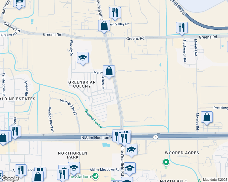 map of restaurants, bars, coffee shops, grocery stores, and more near 2213 Greenbriar Colony Drive in Houston