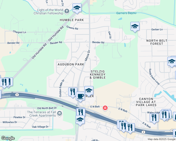 map of restaurants, bars, coffee shops, grocery stores, and more near 8107 White Swan Drive in Humble