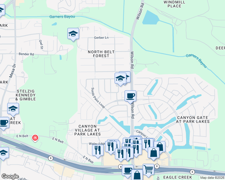 map of restaurants, bars, coffee shops, grocery stores, and more near 4418 Indian Gardens Way in Humble