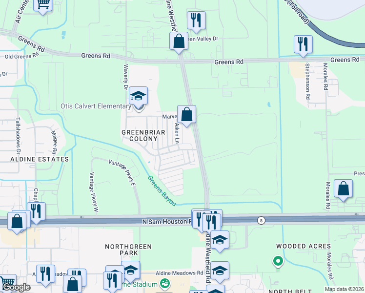 map of restaurants, bars, coffee shops, grocery stores, and more near 2213 Greenbriar Colony Drive in Houston