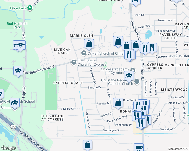 map of restaurants, bars, coffee shops, grocery stores, and more near 14130 Galvani Drive in Cypress