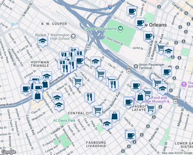map of restaurants, bars, coffee shops, grocery stores, and more near 2604 Martin Luther King Junior Boulevard in New Orleans