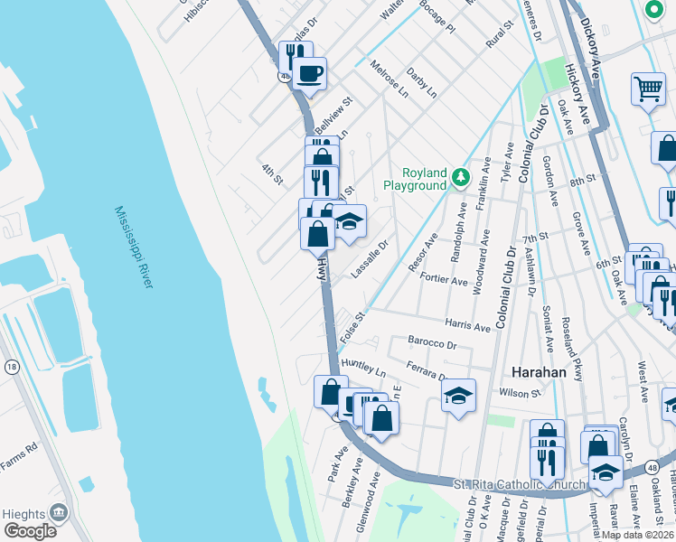 map of restaurants, bars, coffee shops, grocery stores, and more near 8825 Jefferson Highway in River Ridge
