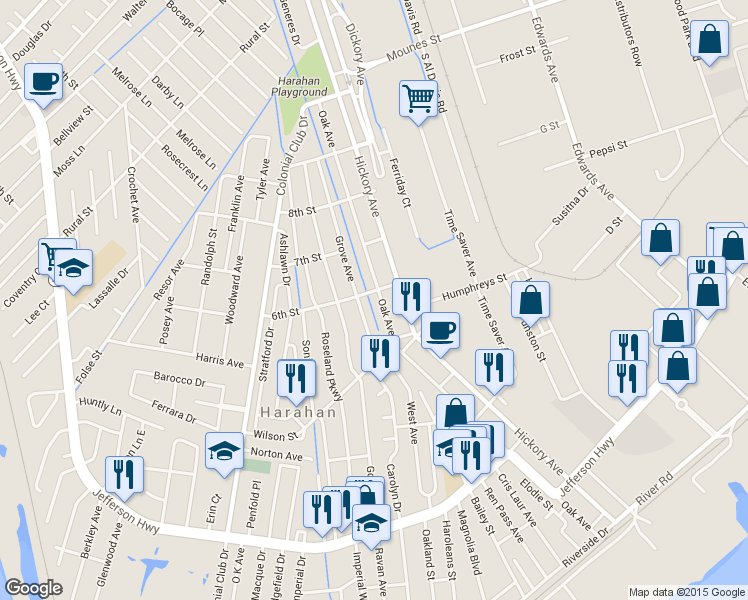 map of restaurants, bars, coffee shops, grocery stores, and more near 588 Oak Avenue in Harahan