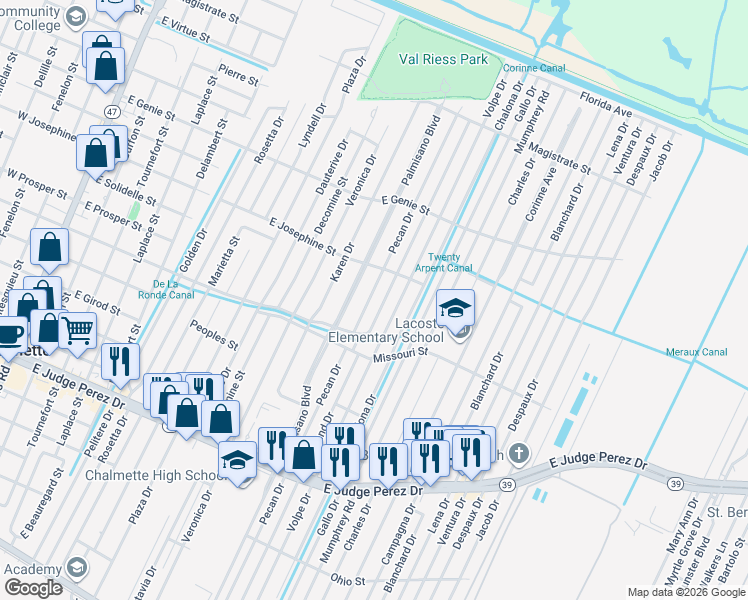 map of restaurants, bars, coffee shops, grocery stores, and more near 3301 Riverland Drive in Chalmette