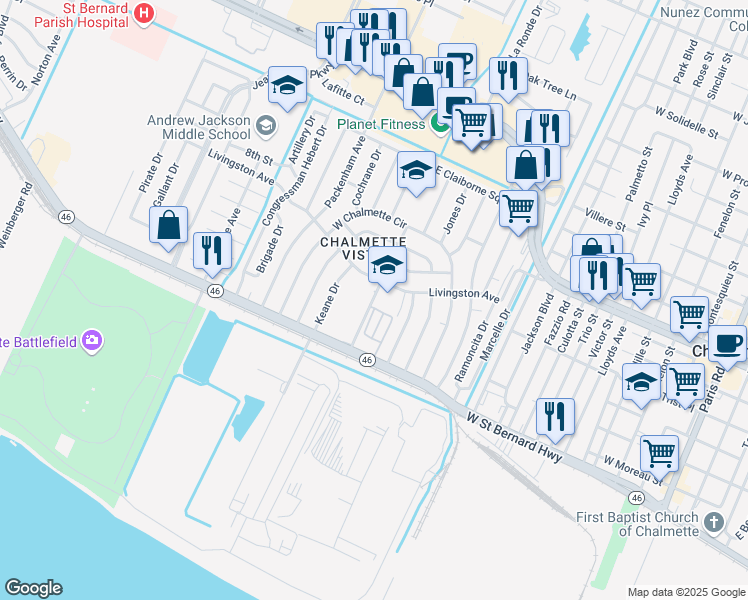 map of restaurants, bars, coffee shops, grocery stores, and more near 49 Madison Avenue in Chalmette