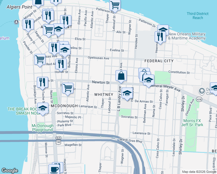 map of restaurants, bars, coffee shops, grocery stores, and more near 1034 Leboeuf Street in New Orleans