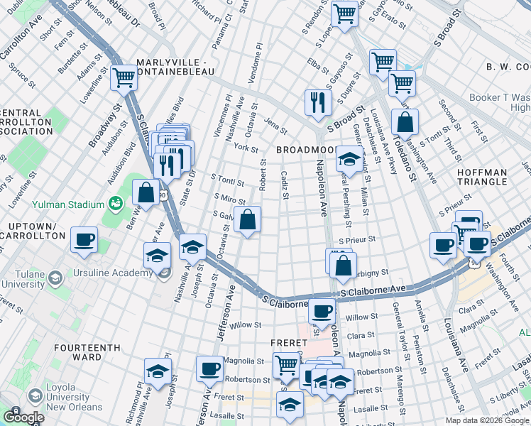 map of restaurants, bars, coffee shops, grocery stores, and more near 3410 Robert Street in New Orleans
