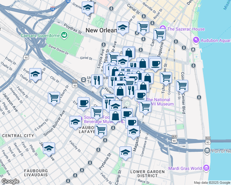 map of restaurants, bars, coffee shops, grocery stores, and more near 800 Saint Joseph Street in New Orleans