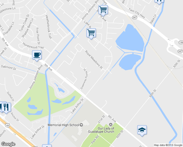map of restaurants, bars, coffee shops, grocery stores, and more near 3936 Pleasant Hill Ct in Port Arthur