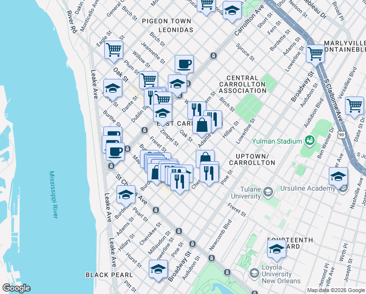 map of restaurants, bars, coffee shops, grocery stores, and more near 7719 Zimple Street in New Orleans