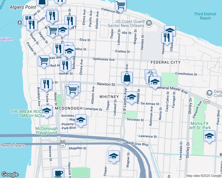 map of restaurants, bars, coffee shops, grocery stores, and more near 1022 Thayer in New Orleans