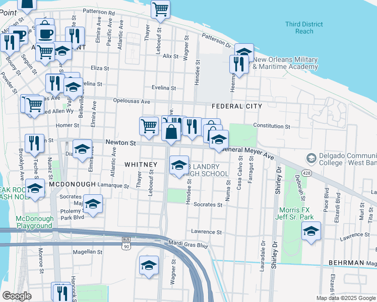 map of restaurants, bars, coffee shops, grocery stores, and more near 1021 Hendee Street in New Orleans
