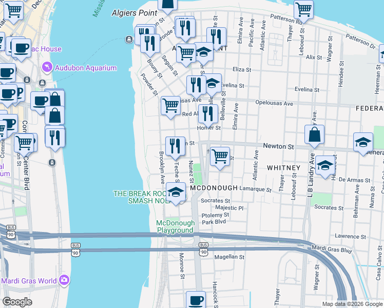map of restaurants, bars, coffee shops, grocery stores, and more near 1039 Nunez Street in New Orleans