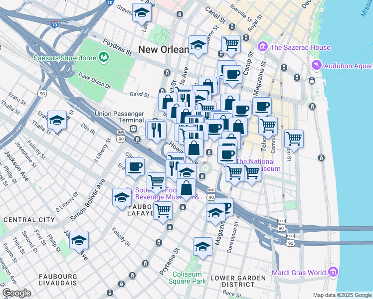 map of restaurants, bars, coffee shops, grocery stores, and more near 800 Saint Joseph Street in New Orleans
