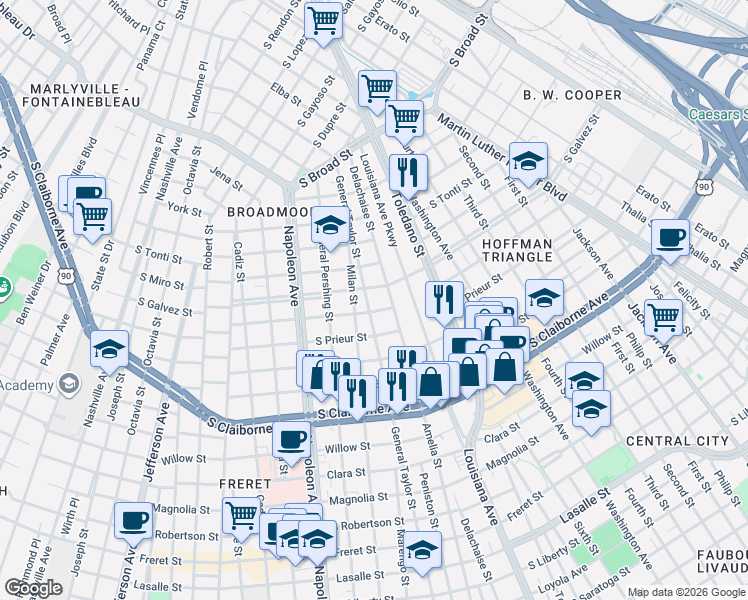 map of restaurants, bars, coffee shops, grocery stores, and more near 3719 South Johnson Street in New Orleans