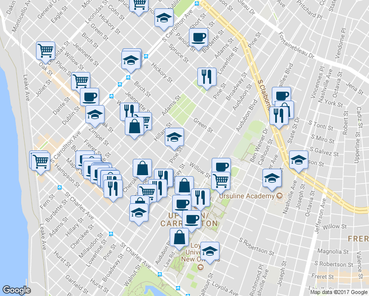 map of restaurants, bars, coffee shops, grocery stores, and more near 1432 Broadway Street in New Orleans