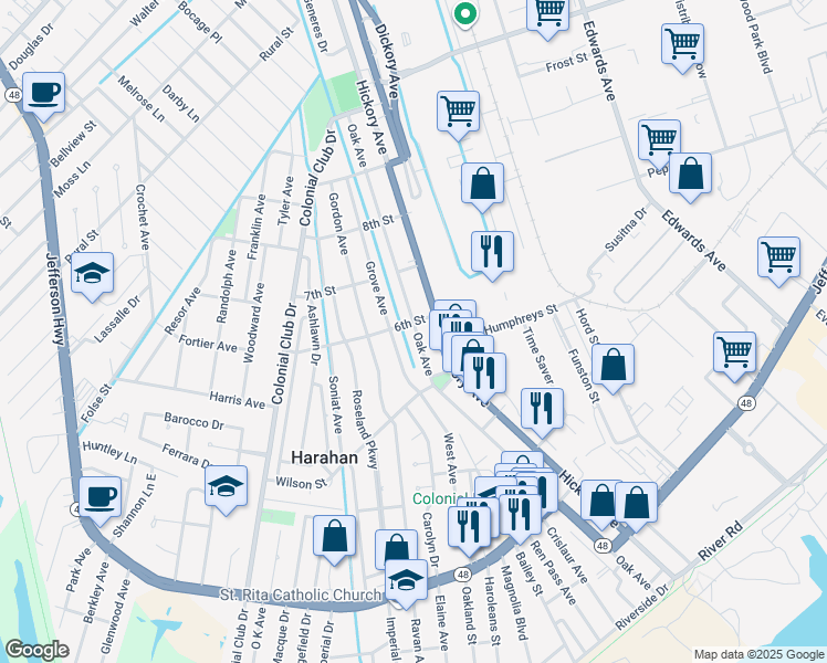 map of restaurants, bars, coffee shops, grocery stores, and more near 584 Oak Avenue in Harahan