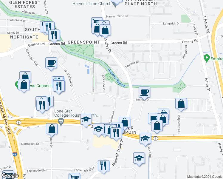 map of restaurants, bars, coffee shops, grocery stores, and more near 315 Benmar Drive in Houston