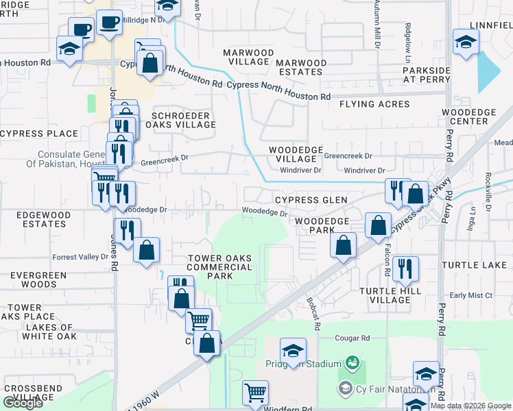 map of restaurants, bars, coffee shops, grocery stores, and more near 10411 Emerald Glen Lane in Houston