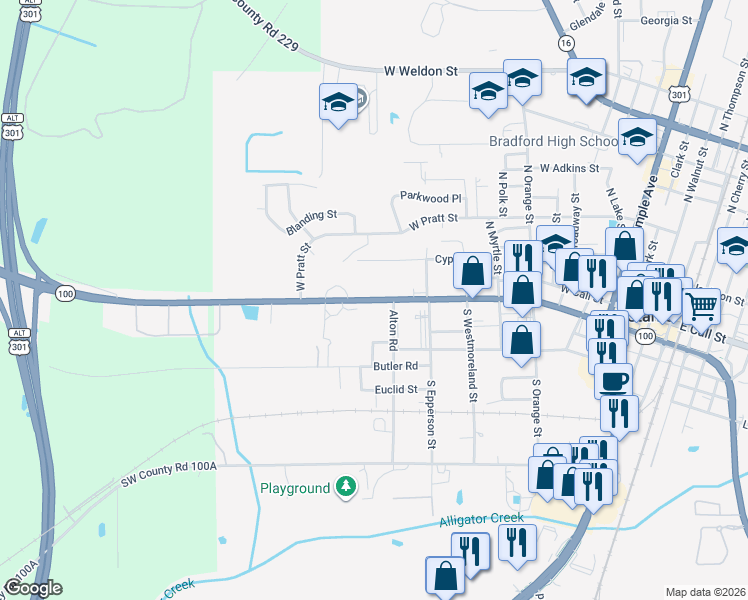 map of restaurants, bars, coffee shops, grocery stores, and more near Highway 100 in Starke