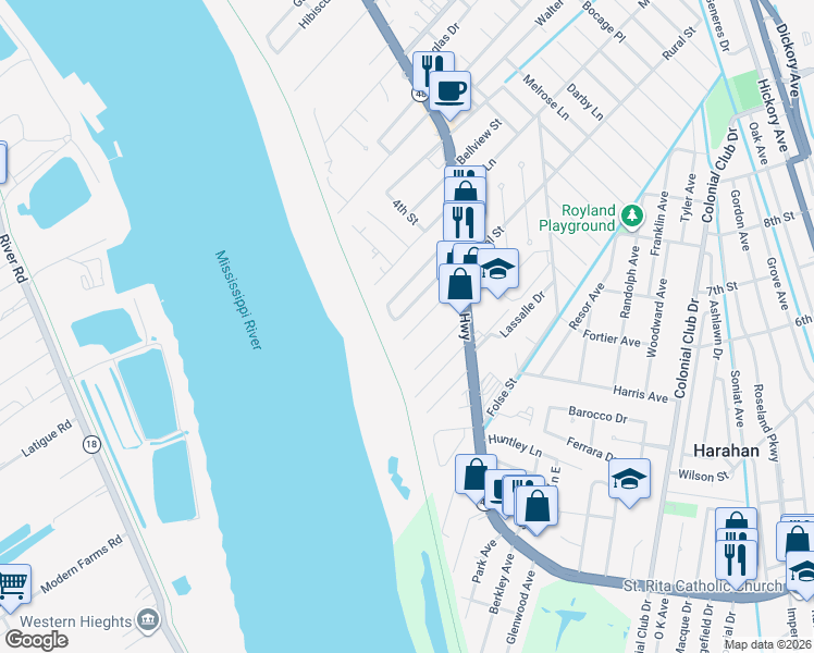 map of restaurants, bars, coffee shops, grocery stores, and more near 101 Hazel Drive in River Ridge