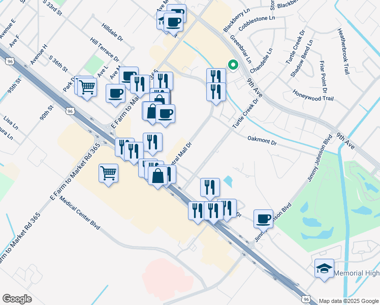 map of restaurants, bars, coffee shops, grocery stores, and more near 3120 Central Mall Drive in Port Arthur