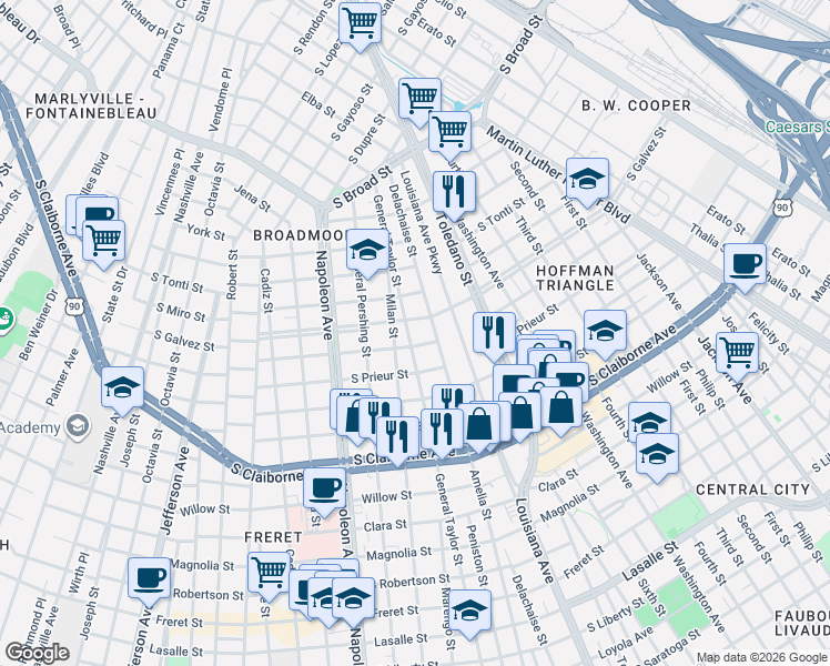 map of restaurants, bars, coffee shops, grocery stores, and more near 3719 South Johnson Street in New Orleans
