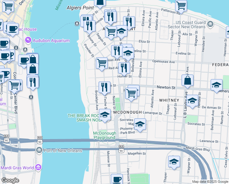 map of restaurants, bars, coffee shops, grocery stores, and more near 500 Diana Street in New Orleans
